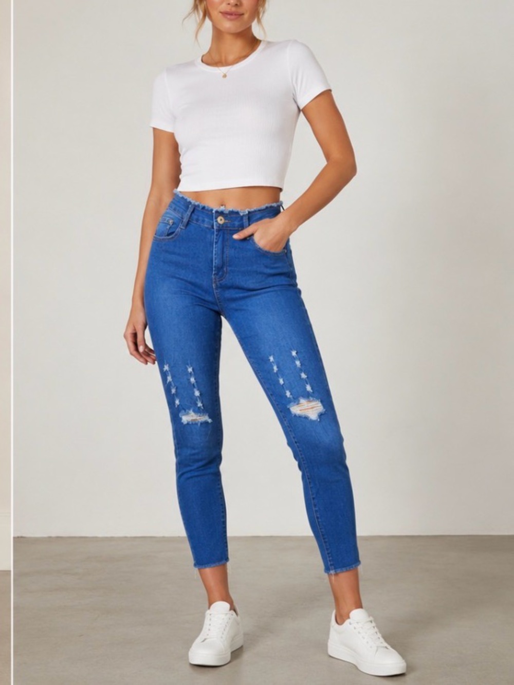 Frayed Waist Distressed Blue Skinny Ankle Distressed Jeans XL